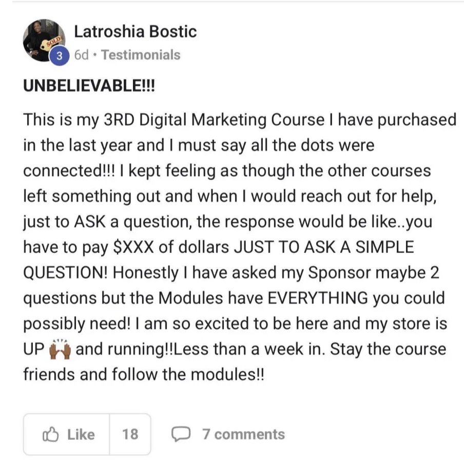 Community post screenshot from Latroshia Bostic about her experience with the course modules